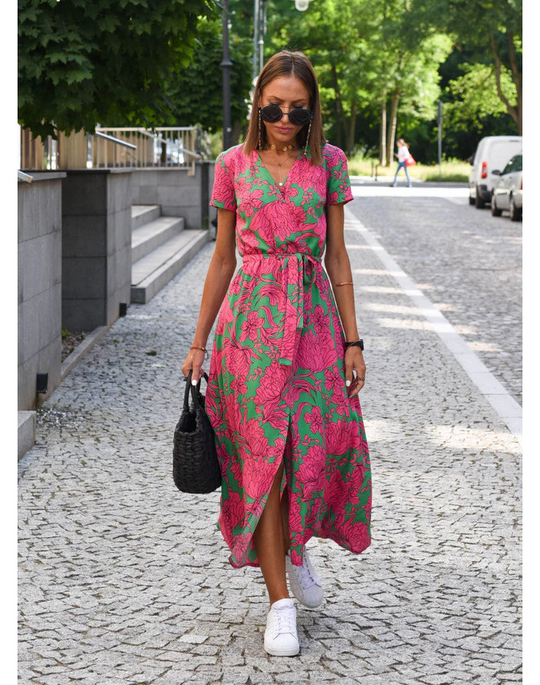 Women's Printed Wrap Maxi Dress with Side Slit