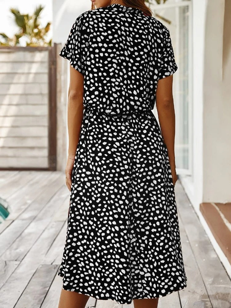 Women's Printed Tie Waist Midi Dress