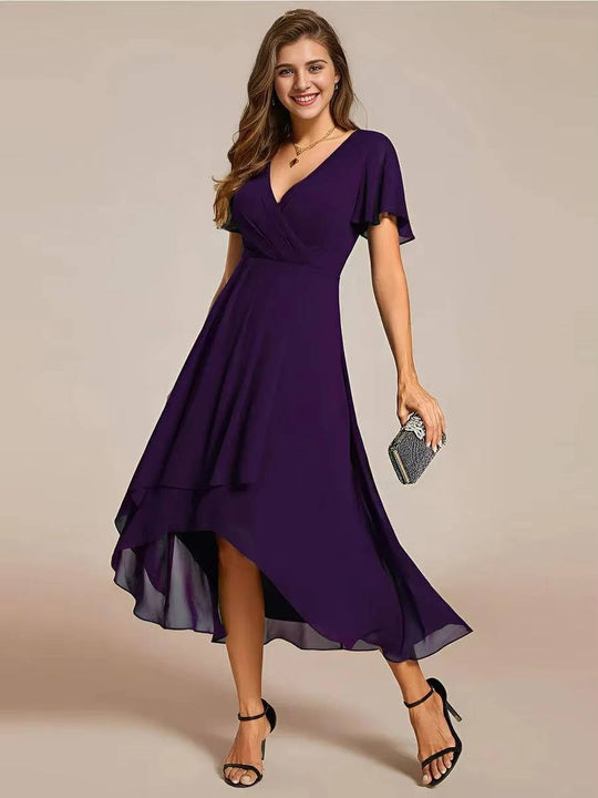 Women's Elegant V-Neck High-Low Chiffon Dress
