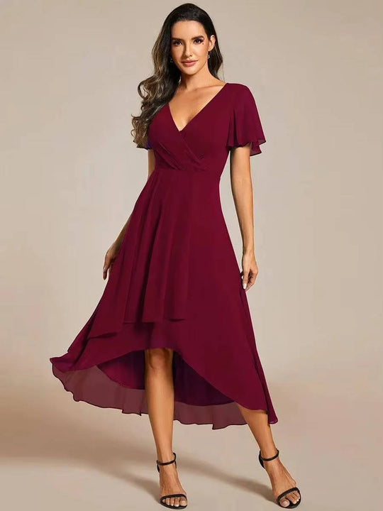 Women's Elegant V-Neck High-Low Chiffon Dress
