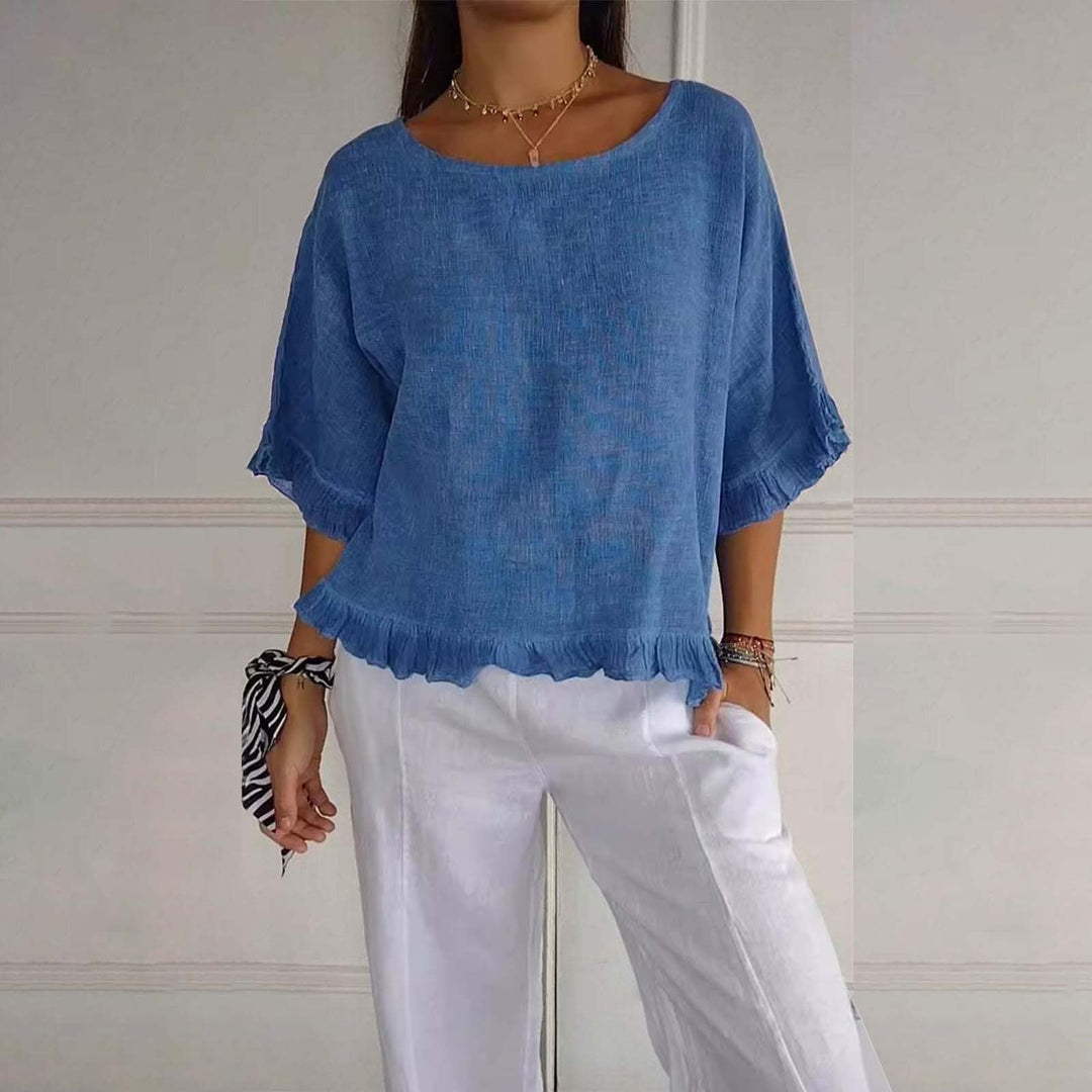 Women's Plain Blouse with Ruffle Trim Hem