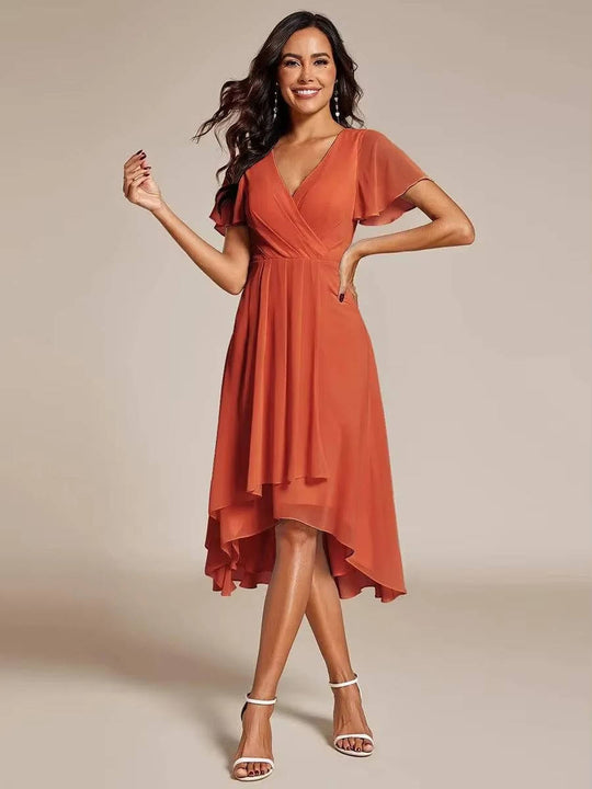 Women's Elegant V-Neck High-Low Chiffon Dress