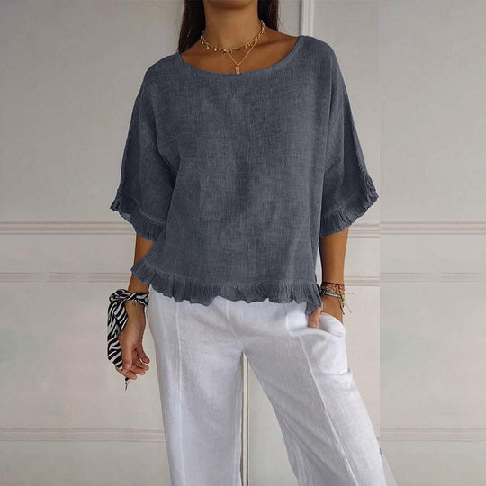 Women's Plain Blouse with Ruffle Trim Hem