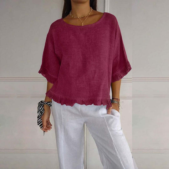 Women's Plain Blouse with Ruffle Trim Hem