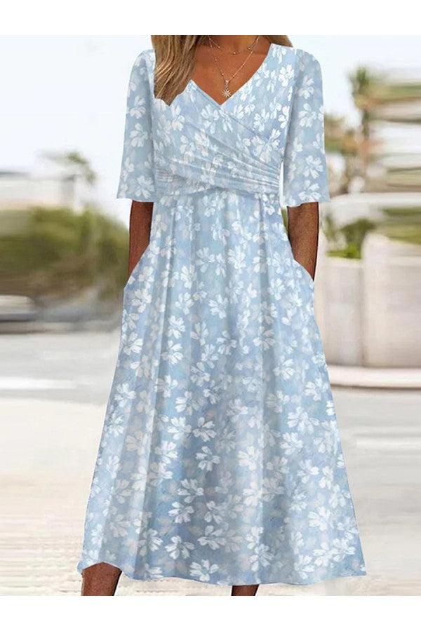 Women's Elegant Floral Midi Dress with Wrap Bodice and Pockets