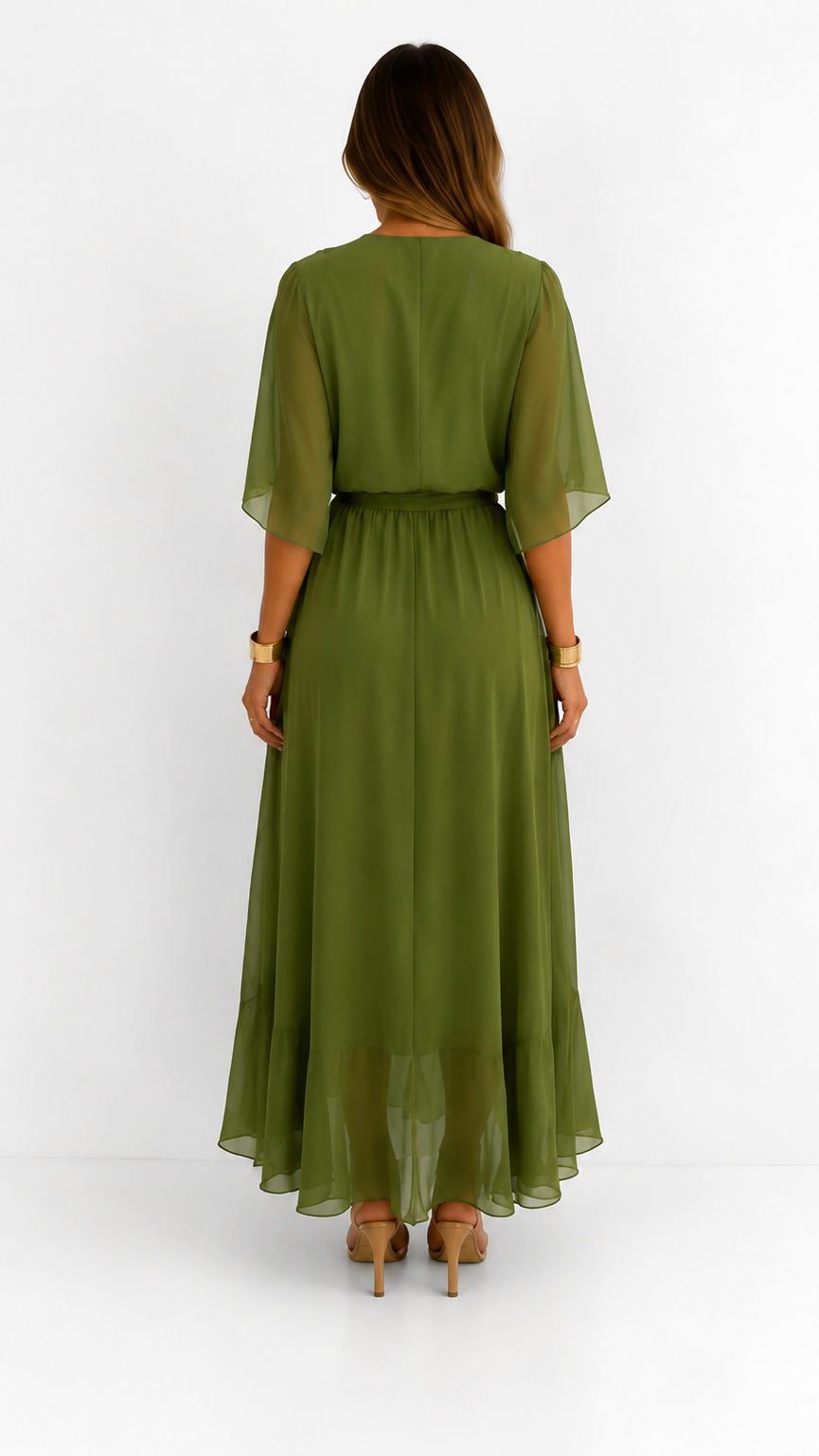 Women's V-Neck Tie Waist High Low Midi Dress