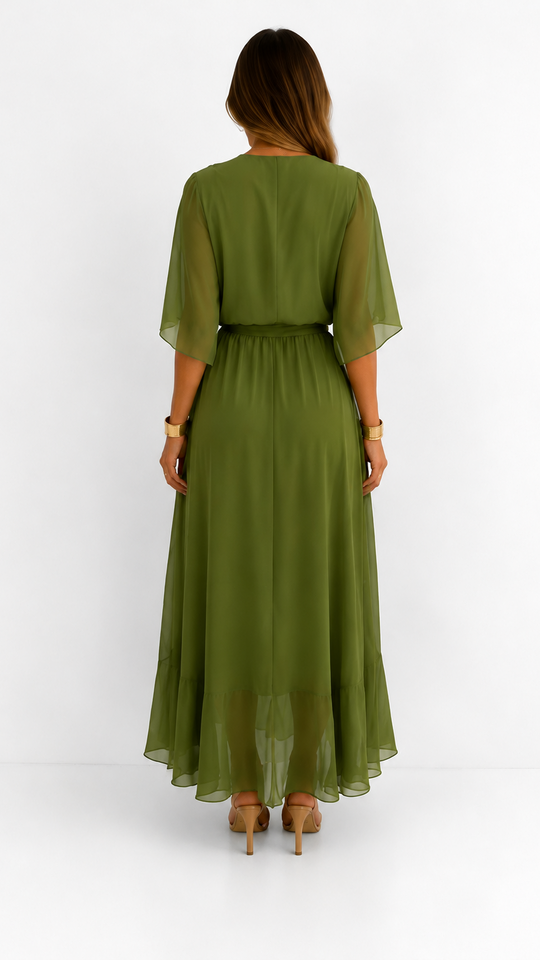 Women's V-Neck Tie Waist High Low Midi Dress