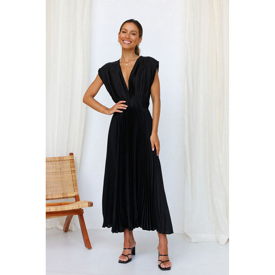 Women's Pleated Deep V-Neck Maxi Dress