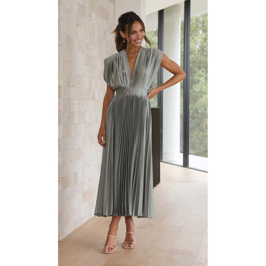 Women's Pleated Deep V-Neck Maxi Dress
