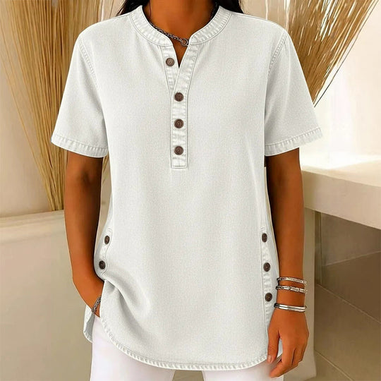 Women's Casual Denim-Look Button Detail Tunic Top