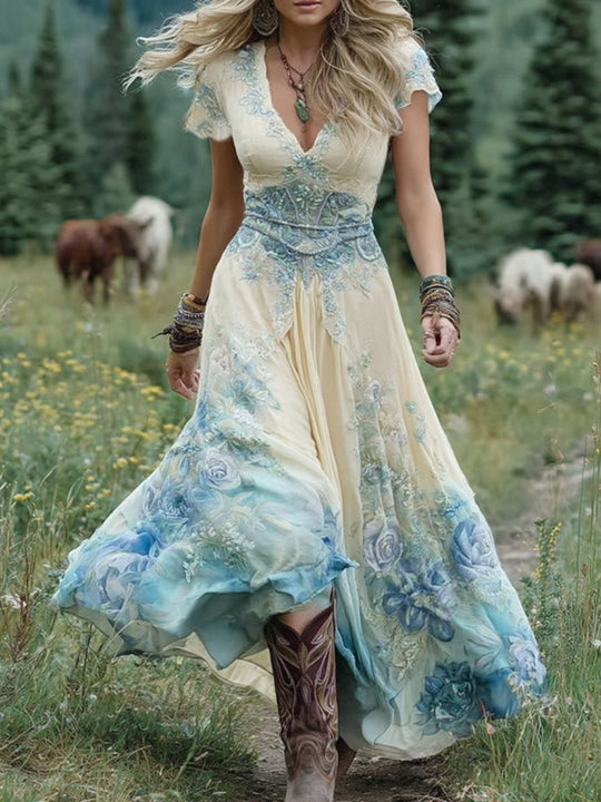 Women's Vintage Floral Print Flowing Maxi Dress
