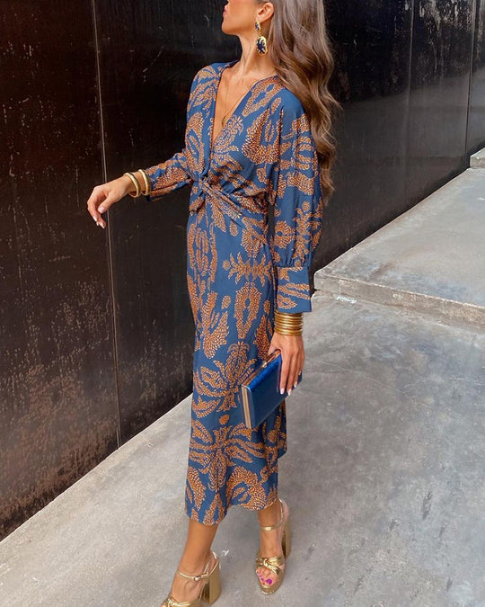 Women's Printed Twist Front Midi Dress