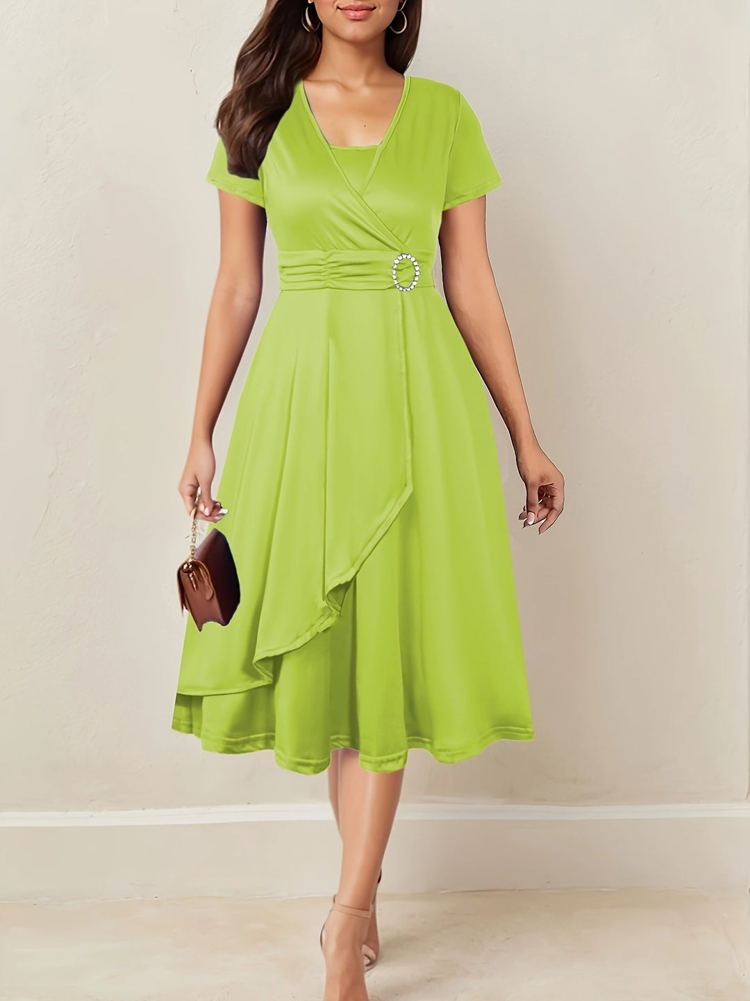 Women's Wrap Midi Dress with Decorative Waist Buckle