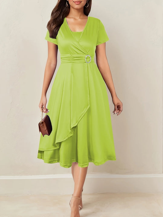 Women's Wrap Midi Dress with Decorative Waist Buckle