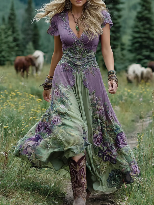 Women's Vintage Floral Print Flowing Maxi Dress