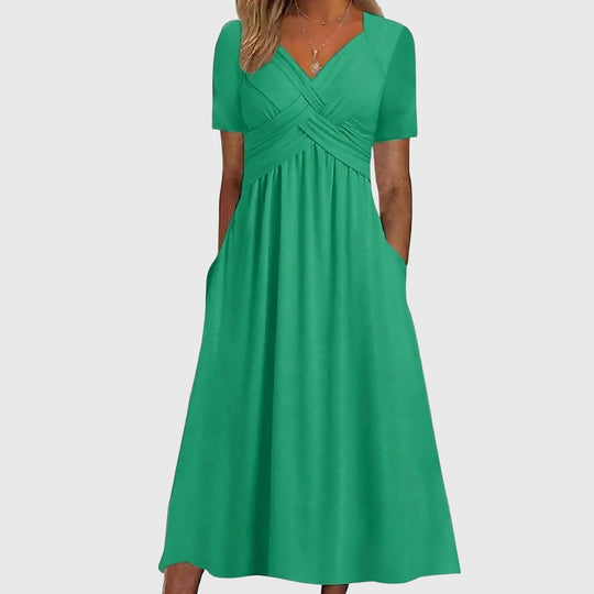 Maxikleid für Damen mit Empire-Taille, V-Ausschnitt und Taschen