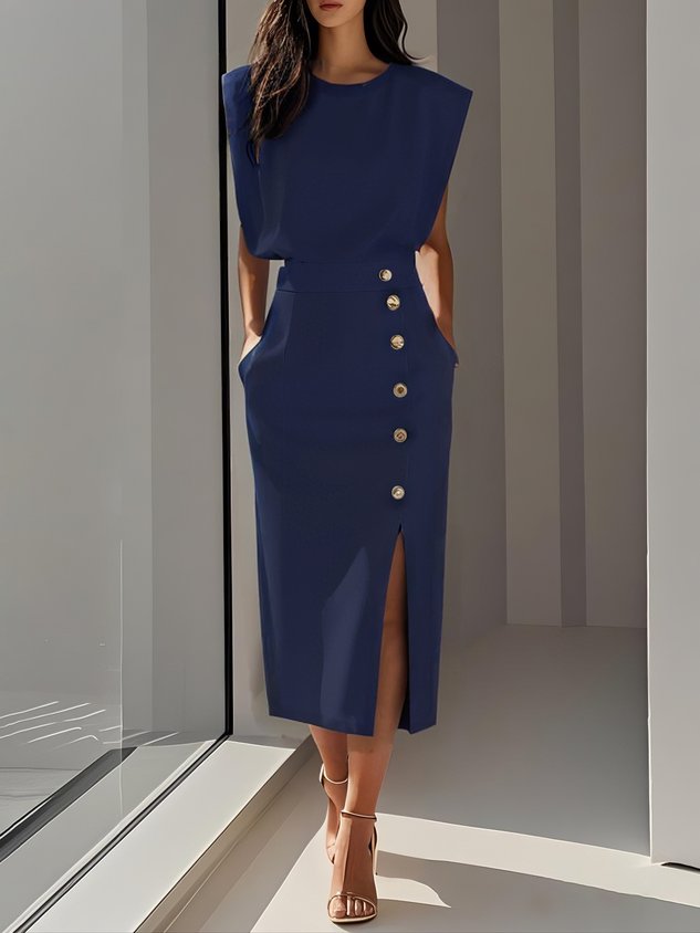Elegantes ärmelloses Damenblusen- und Midirock-Set mit Knopfdetail