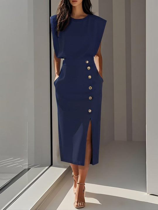 Elegantes ärmelloses Damenblusen- und Midirock-Set mit Knopfdetail