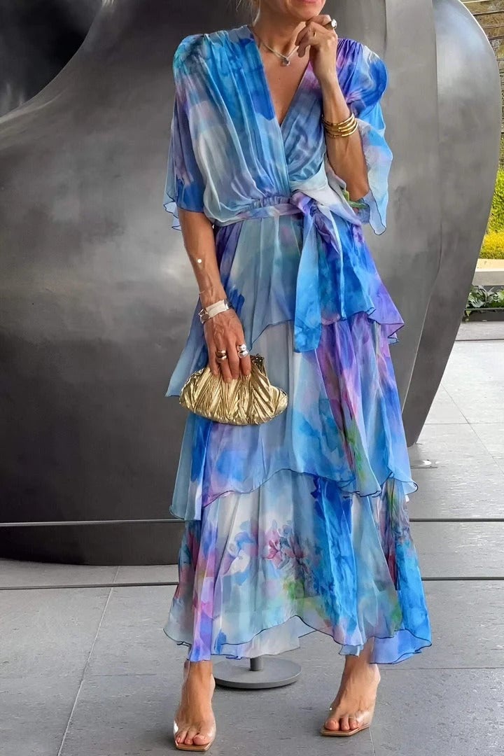 Women's Watercolor Printed Layered Chiffon Maxi Dress