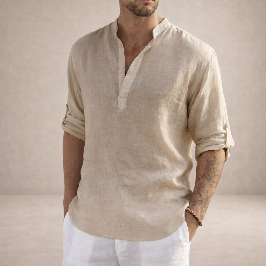 Men's Casual Linen-Blend Henley Shirt