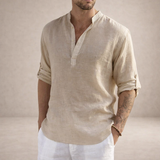 Men's Casual Linen-Blend Henley Shirt