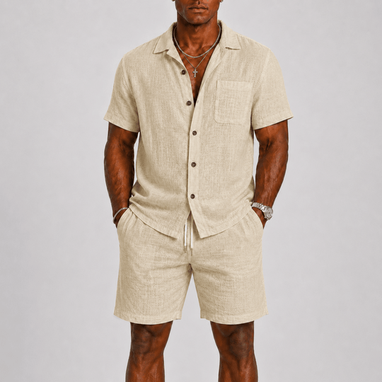 Men's Textured Short Sleeve Shirt and Shorts Two-Piece Set