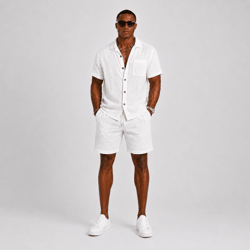 Men's Textured Short Sleeve Shirt and Shorts Two-Piece Set