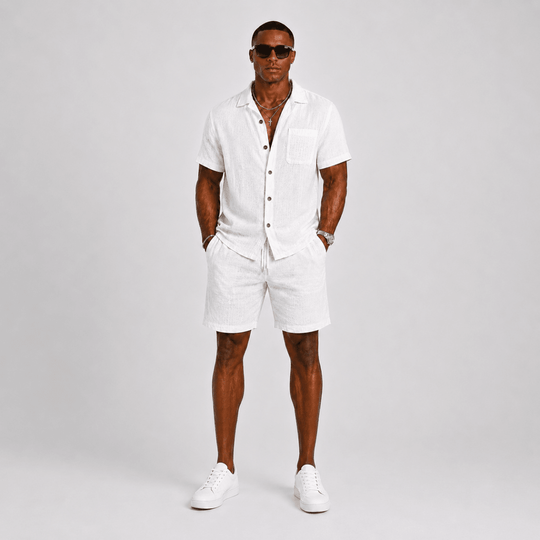 Men's Textured Short Sleeve Shirt and Shorts Two-Piece Set