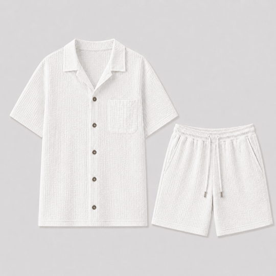Men's Textured Short Sleeve Shirt and Shorts Two-Piece Set