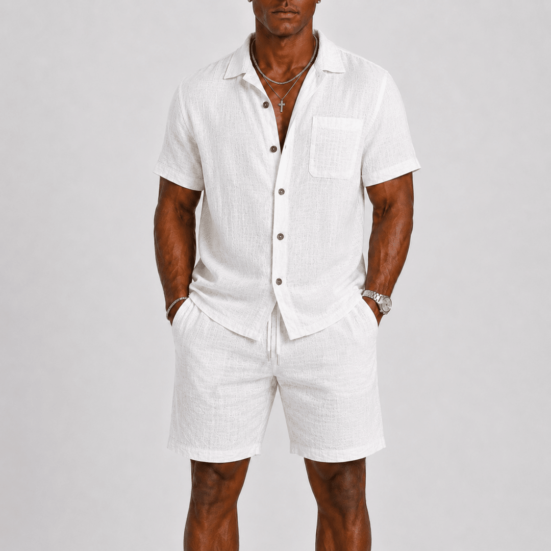 Men's Textured Short Sleeve Shirt and Shorts Two-Piece Set