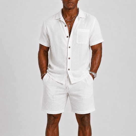 Men's Textured Short Sleeve Shirt and Shorts Two-Piece Set
