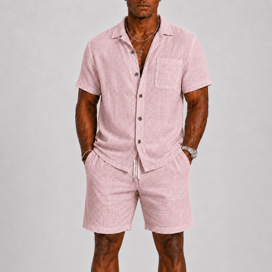 Men's Textured Short Sleeve Shirt and Shorts Two-Piece Set
