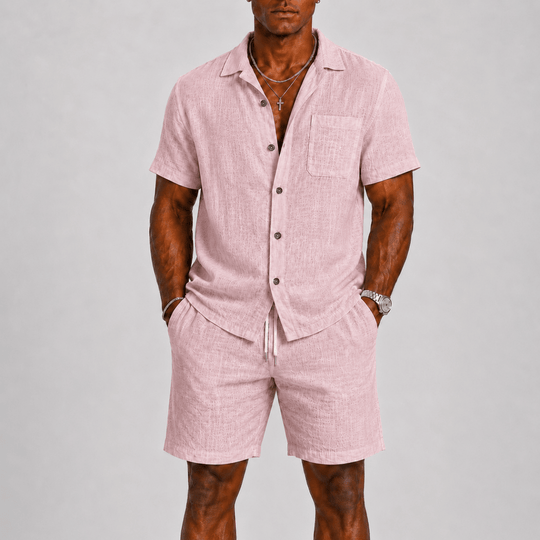 Men's Textured Short Sleeve Shirt and Shorts Two-Piece Set