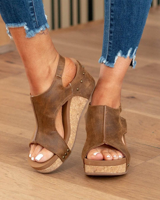 Women's Peep Toe Cork Platform Wedge Sandals