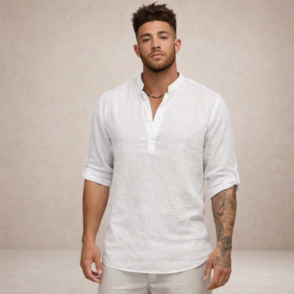 Men's Casual Linen-Blend Henley Shirt