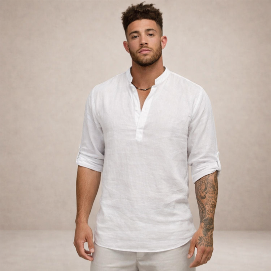 Men's Casual Linen-Blend Henley Shirt