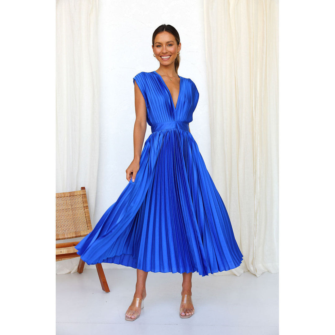 Women's Pleated Deep V-Neck Maxi Dress