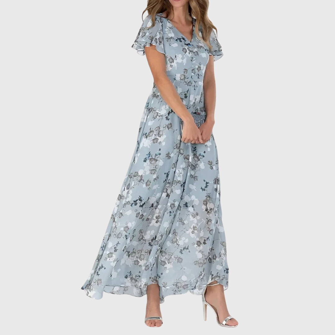 Women's Floral V-Neck Maxi Dress with Flutter Sleeves
