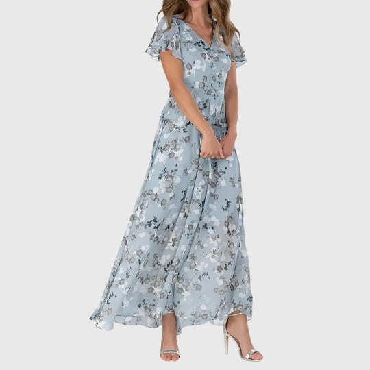 Women's Floral V-Neck Maxi Dress with Flutter Sleeves