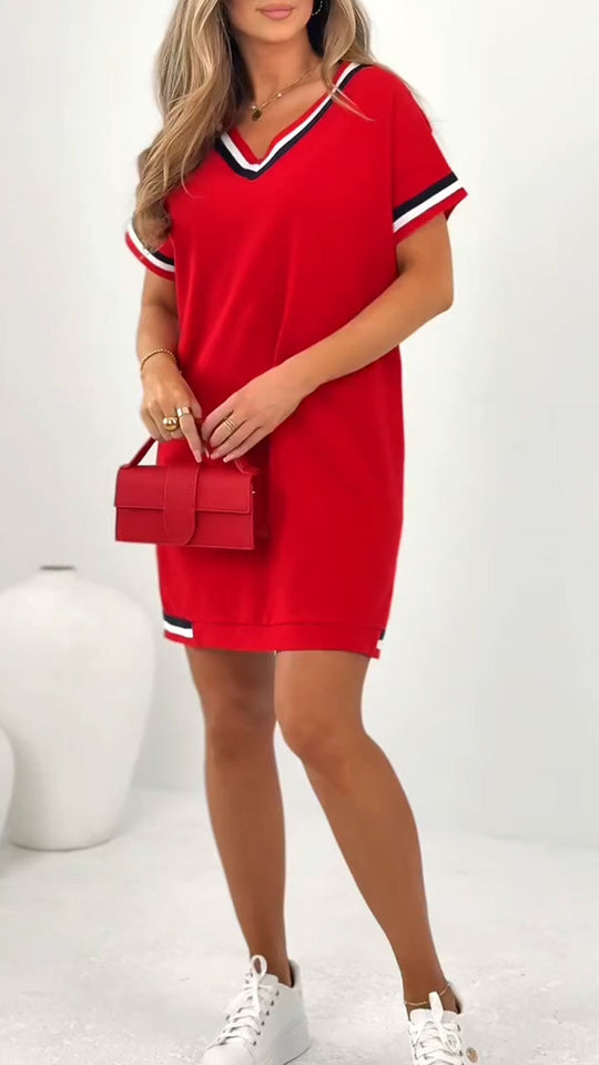 Damen T-Shirt-Kleid mit kontrastierendem V-Ausschnitt und Besatz