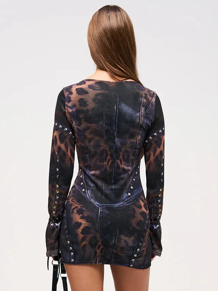 Women's Gothic Mesh Print Bodycon Mini Dress with Studded Details