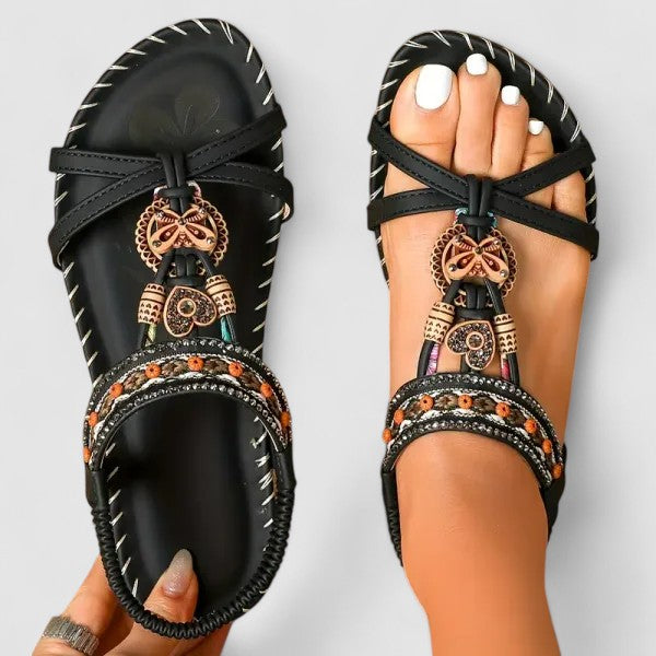 Women's Bohemian Beaded T-Strap Comfort Sandals