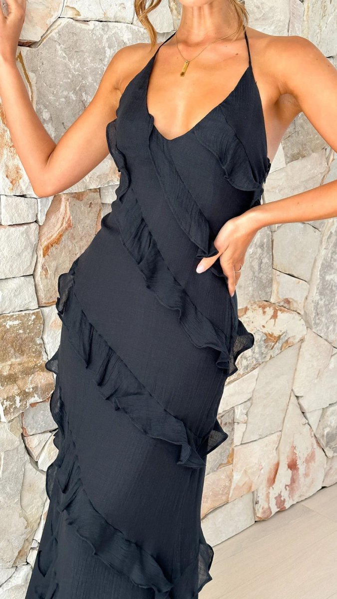 Women's Ruffle Tiered Halter Neck Maxi Dress