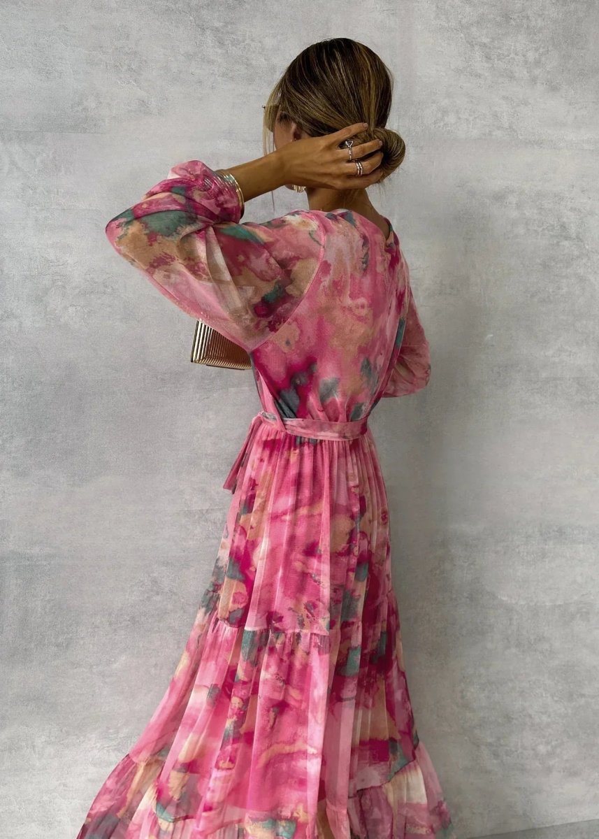 Women's Watercolor Print Tiered Wrap Maxi Dress