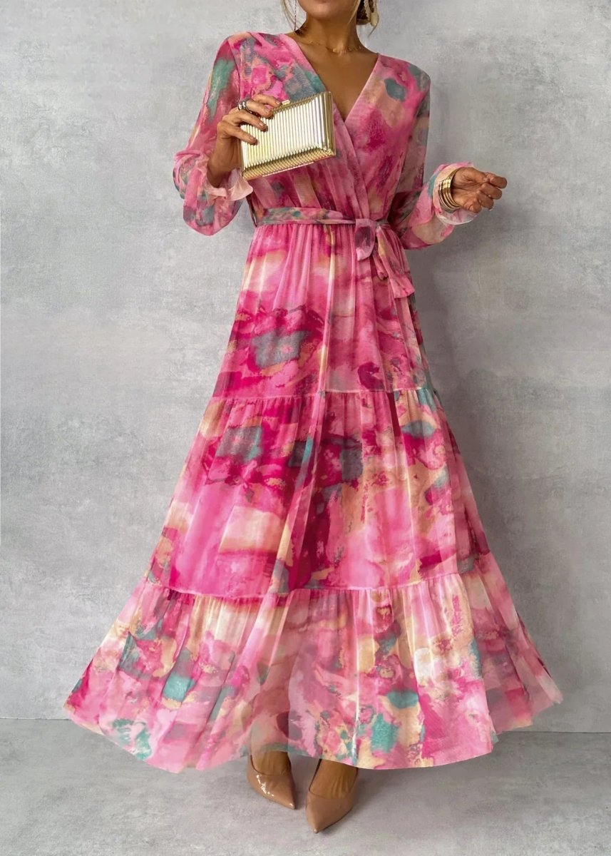 Women's Watercolor Print Tiered Wrap Maxi Dress