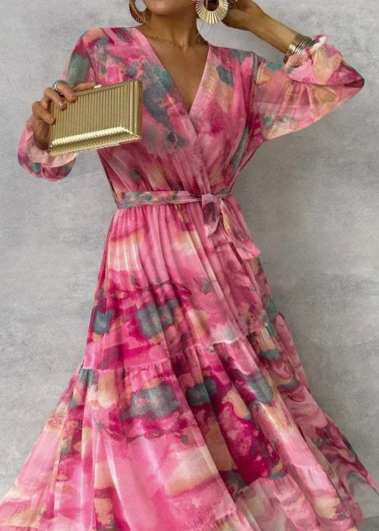Women's Watercolor Print Tiered Wrap Maxi Dress