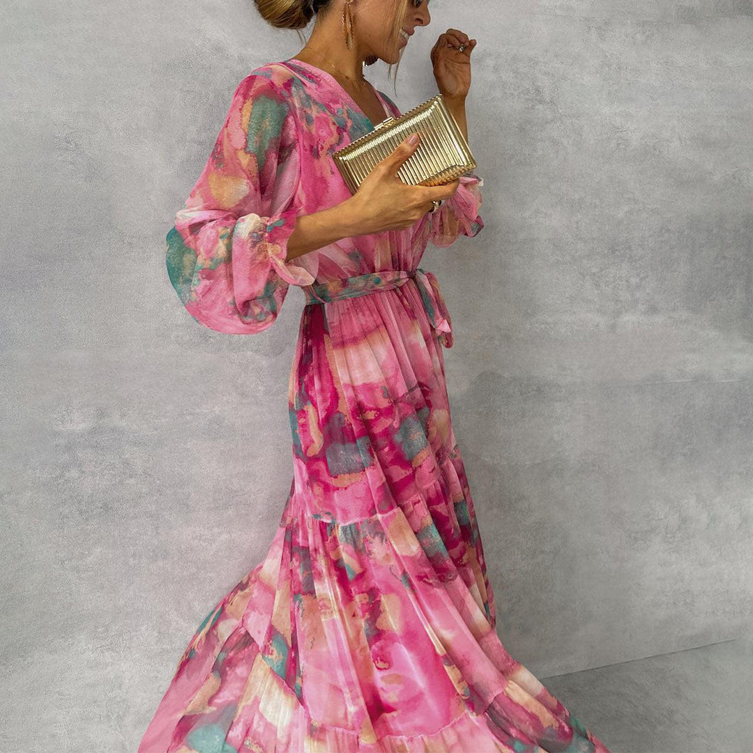 Women's Watercolor Print Tiered Wrap Maxi Dress