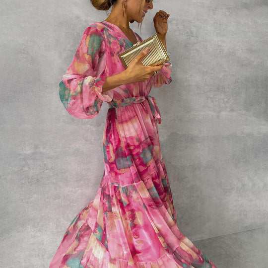Women's Watercolor Print Tiered Wrap Maxi Dress