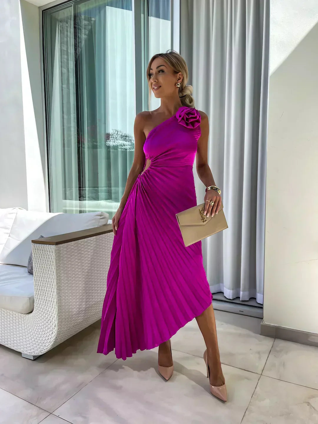 Women's Elegant One-Shoulder Pleated Midi Dress with Floral Detail