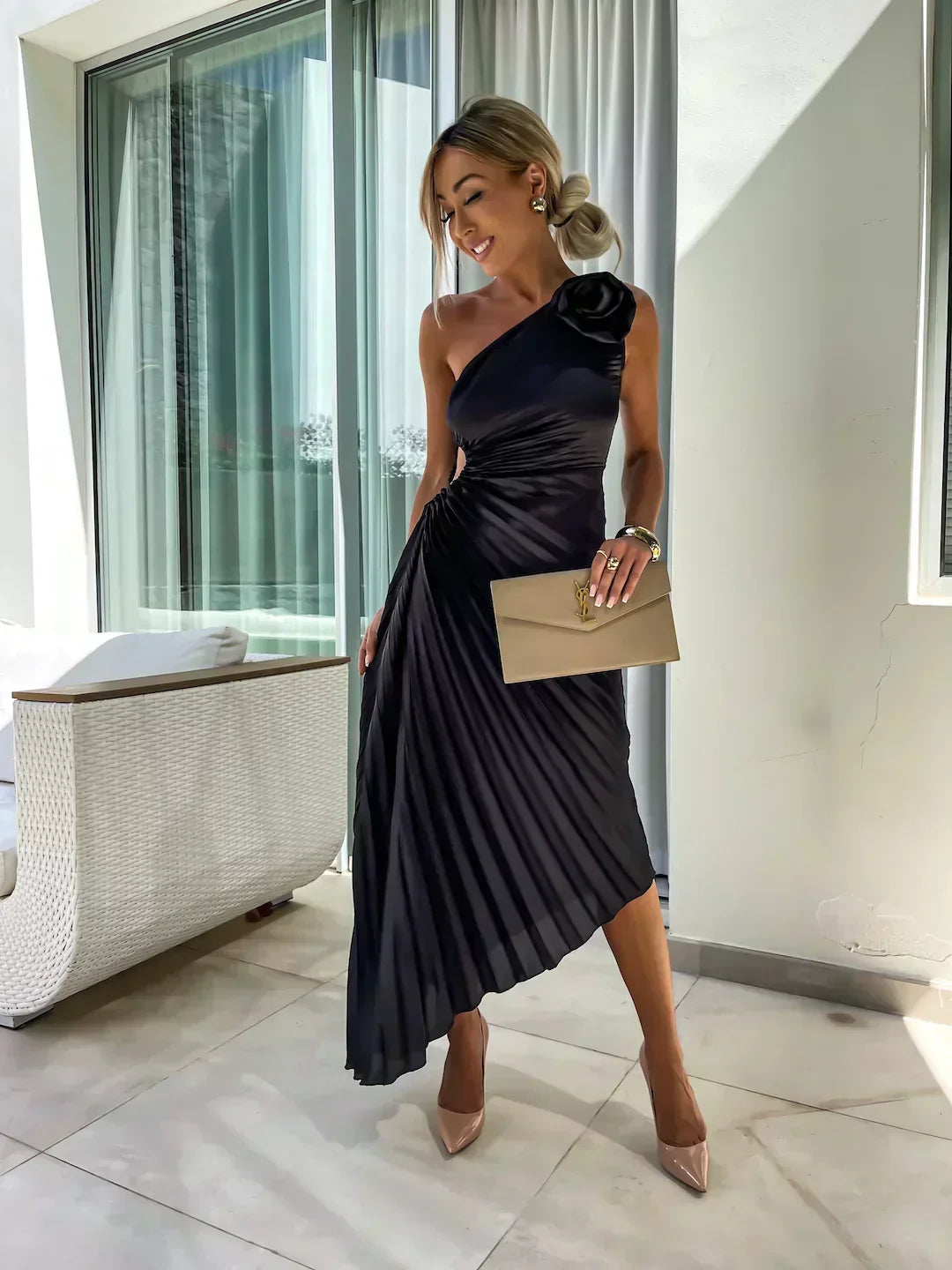 Women's Elegant One-Shoulder Pleated Midi Dress with Floral Detail